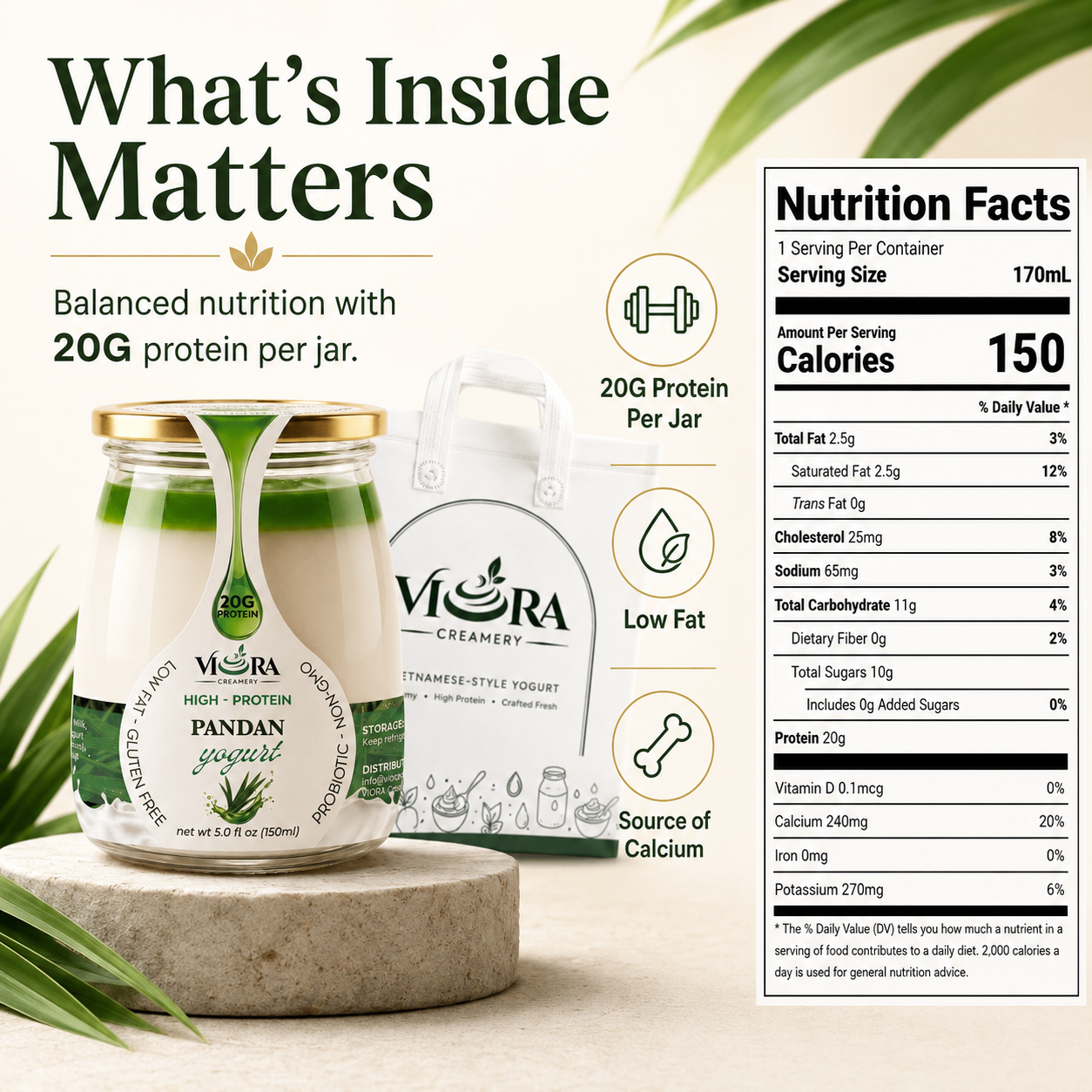 Viora Creamery Pandan yogurt nutrition facts with jar, packaging, pandan leaves, and product benefits