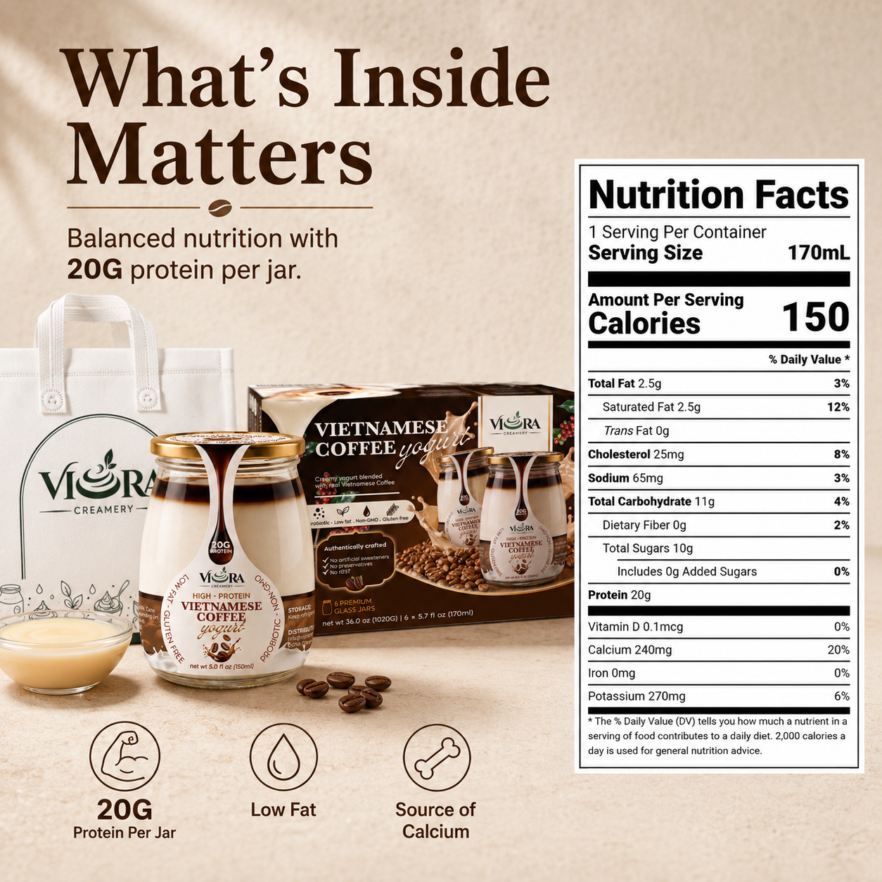 Viora Creamery Vietnamese Coffee yogurt nutrition facts with jar, packaging, and product benefits