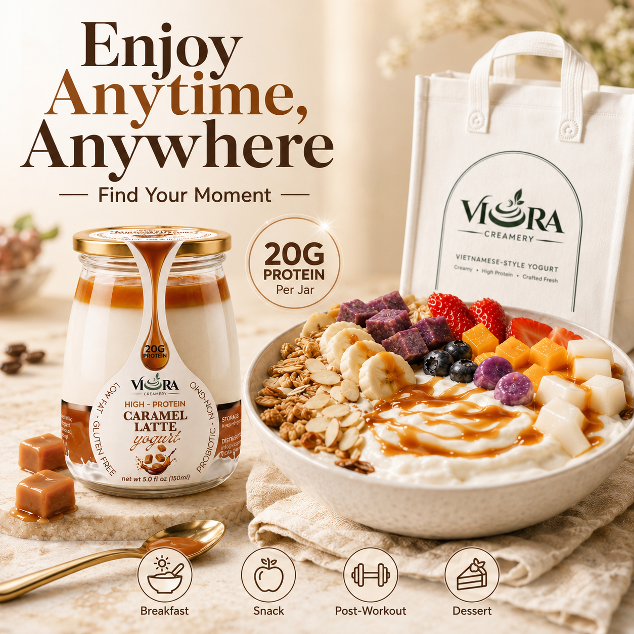 Viora Creamery Caramel Latte yogurt with caramel fruit bowl for breakfast, snack, post-workout, or dessert