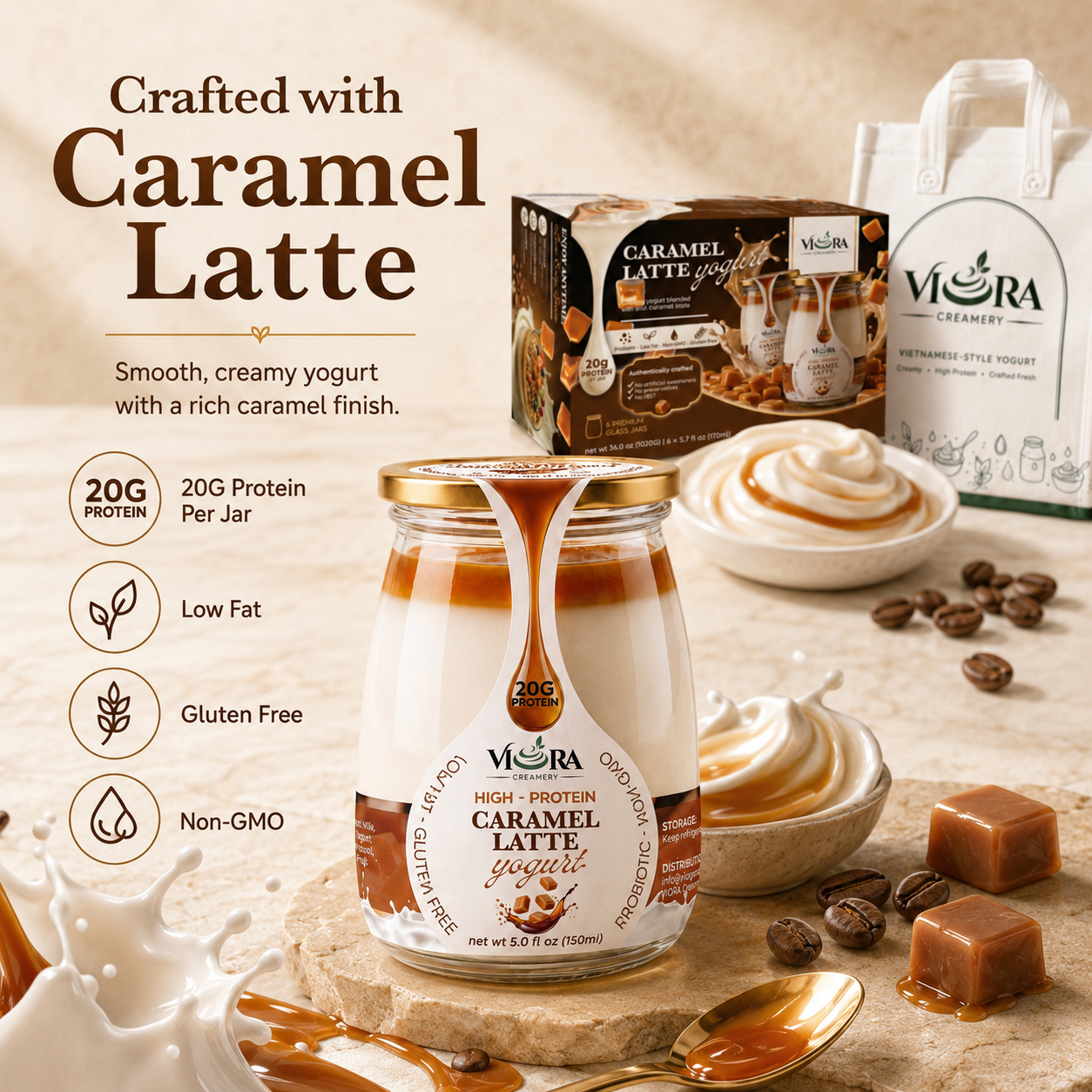 Viora Creamery Caramel Latte yogurt crafted with caramel, shown with glass jars and packaging