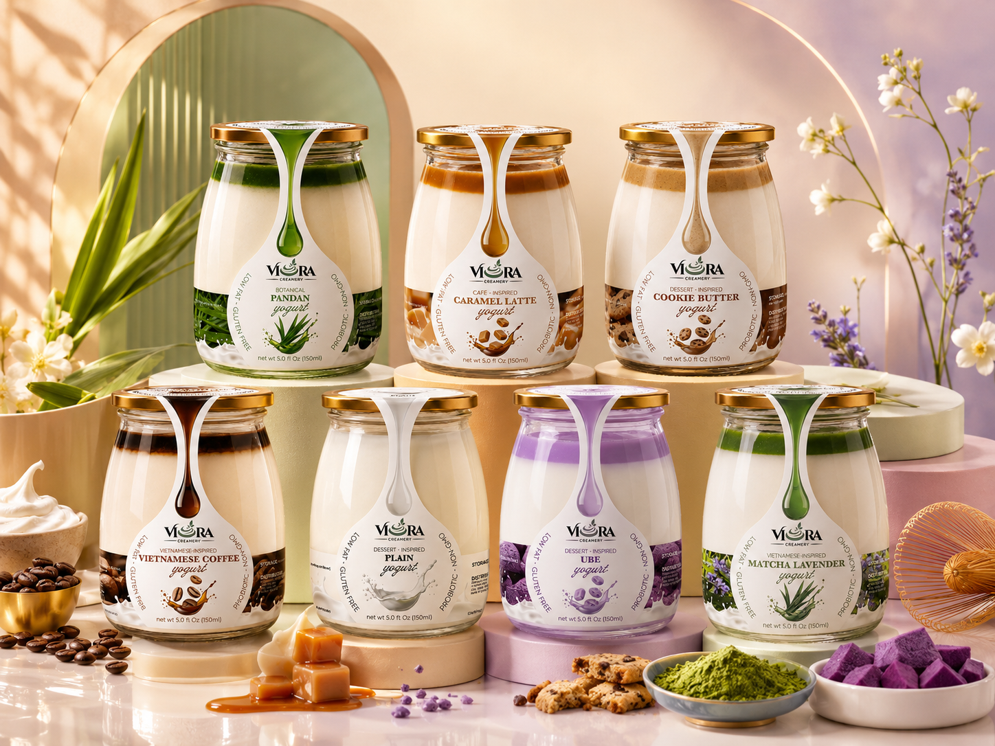 Viora Creamery Vietnamese-style yogurt jar with recipe ingredients