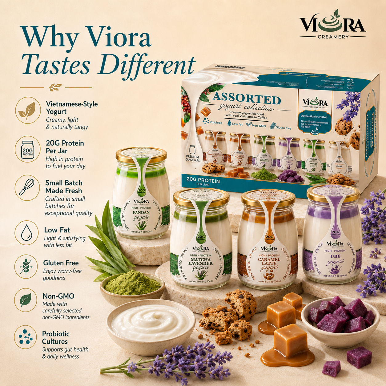 Viora Creamery assorted seven-flavor yogurt collection with variety box, jars, and flavor ingredients