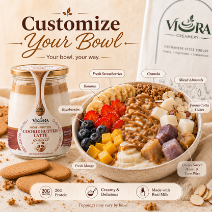 Viora Creamery Cookie Butter Latte yogurt beside a customizable fruit, granola, and yogurt bowl