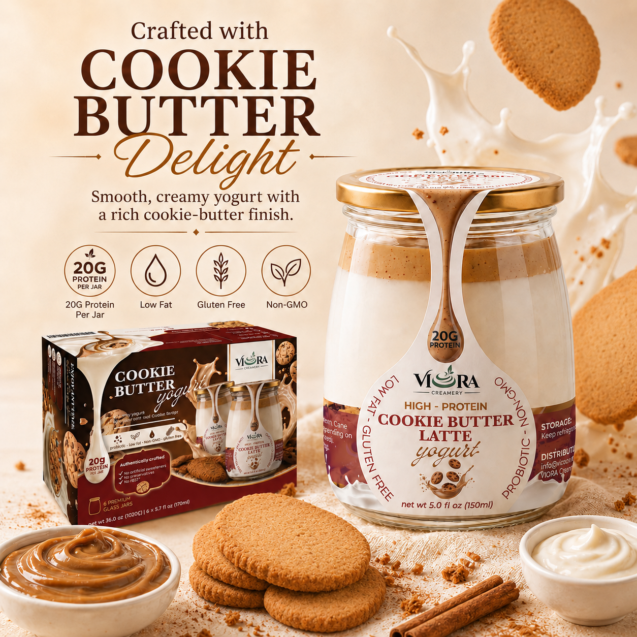 Viora Creamery Cookie Butter Latte yogurt crafted with cookie butter, shown with glass jars and cookies