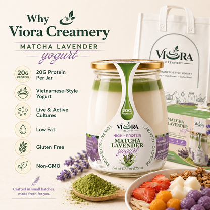 Viora Creamery Matcha Lavender yogurt with product benefits, glass jars, box, and breakfast bowl