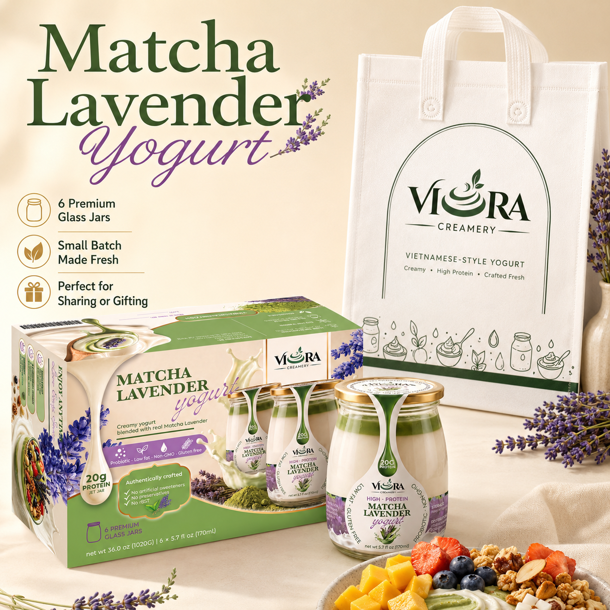Viora Creamery Matcha Lavender yogurt six-pack box, glass jars, tote bag, and serving bowl