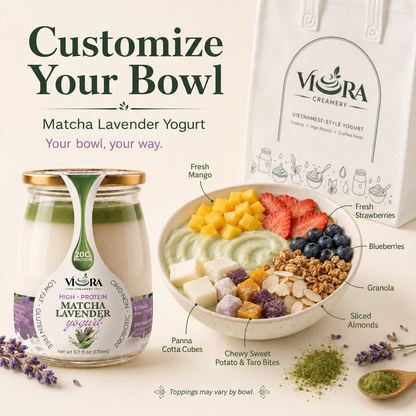 Viora Creamery Matcha Lavender yogurt beside a customizable fruit, granola, and yogurt bowl