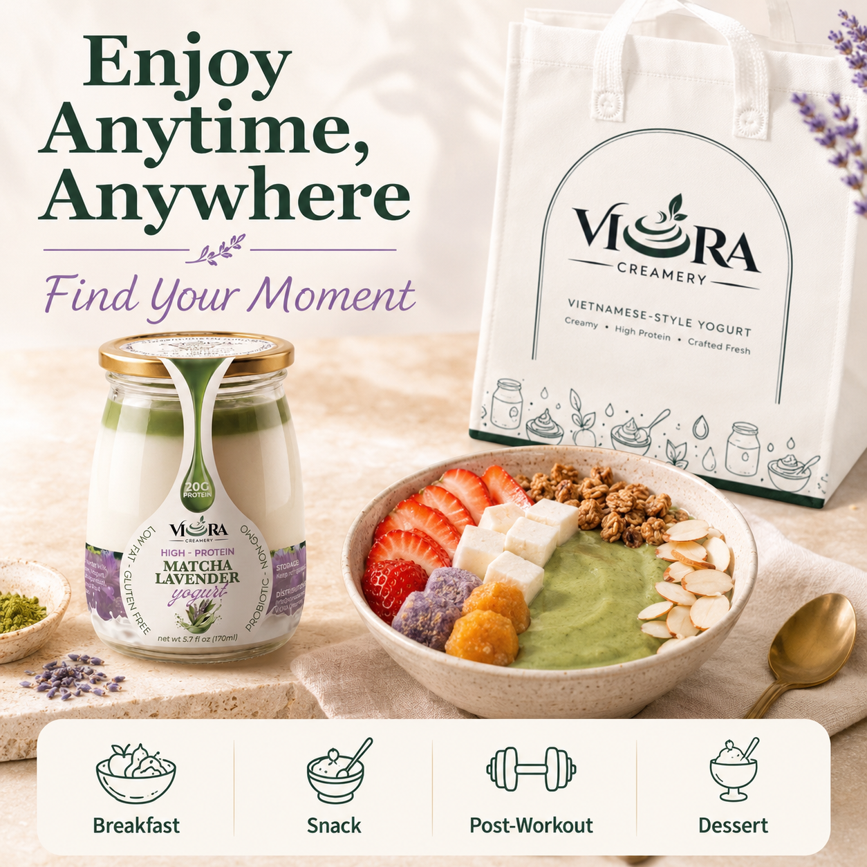 Viora Creamery Matcha Lavender yogurt with a green yogurt bowl for breakfast, snack, post-workout, or dessert