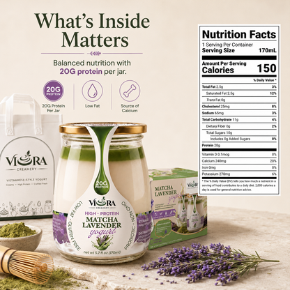 Viora Creamery Matcha Lavender yogurt nutrition facts with jar, packaging, matcha, and lavender