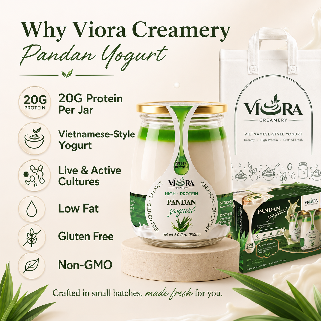 Viora Creamery Pandan yogurt with product benefits, glass jars, six-pack box, and tote bag
