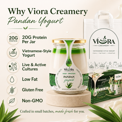 Viora Creamery Pandan yogurt with product benefits, glass jars, six-pack box, and tote bag