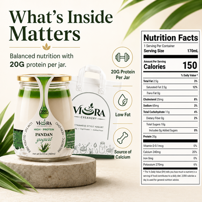Viora Creamery Pandan yogurt nutrition facts with jar, packaging, pandan leaves, and product benefits