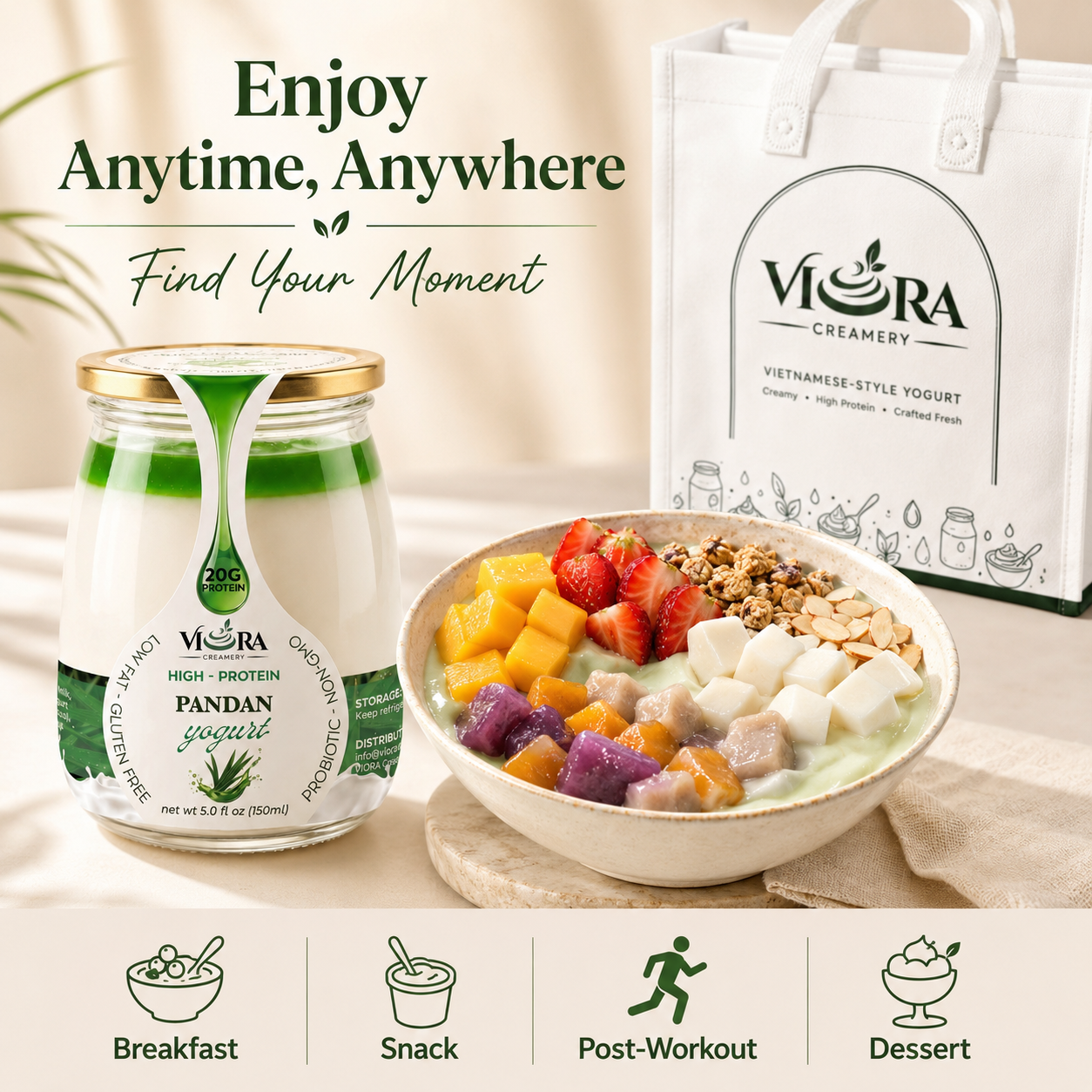 Viora Creamery Pandan yogurt with fruit bowl for breakfast, snack, post-workout, or dessert