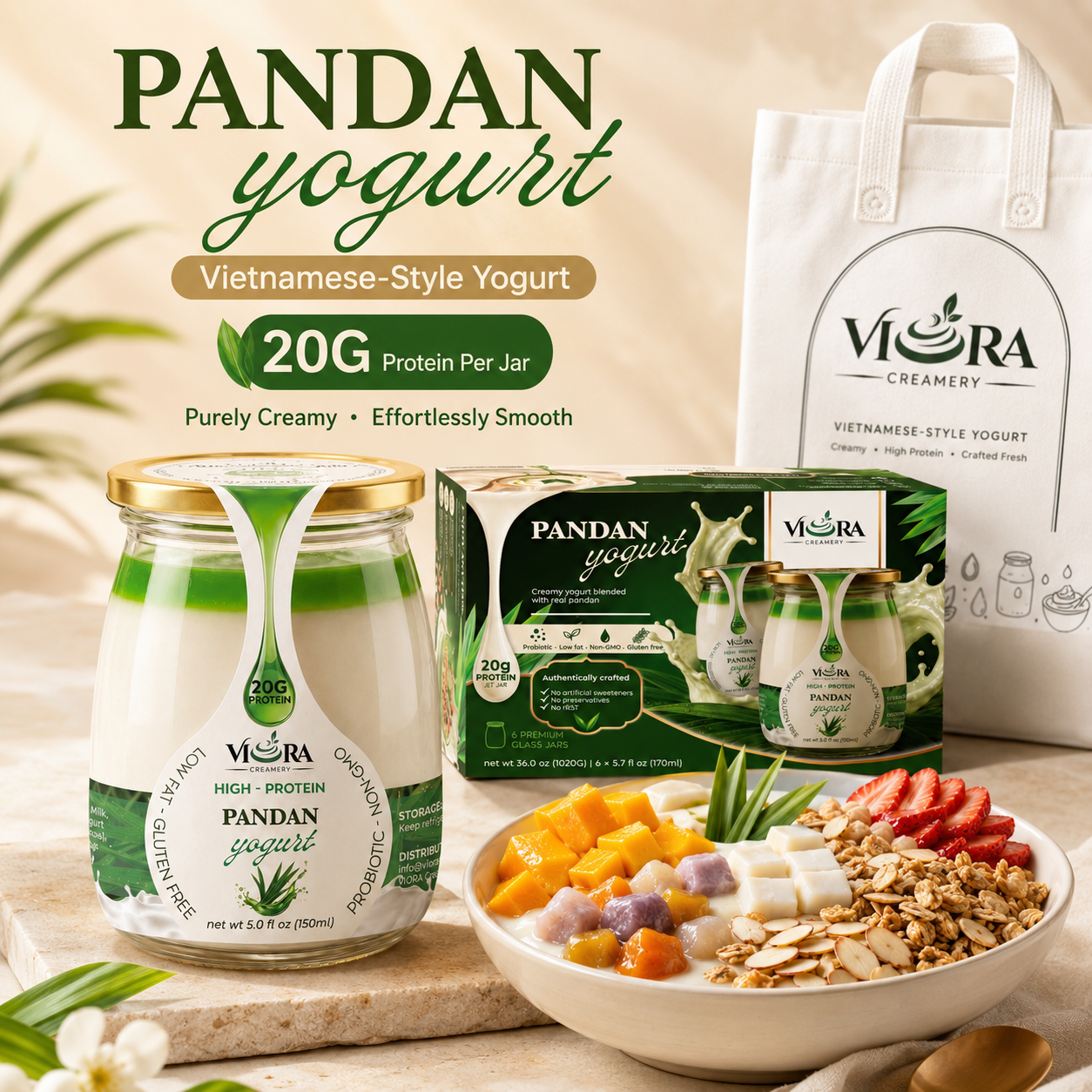 Viora Creamery Pandan yogurt with branded jars, six-pack box, tote bag, and colorful yogurt bowl