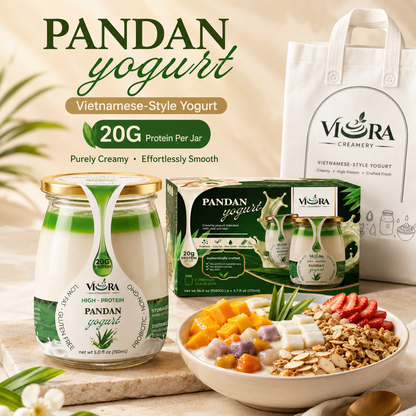Viora Creamery Pandan yogurt with branded jars, six-pack box, tote bag, and colorful yogurt bowl