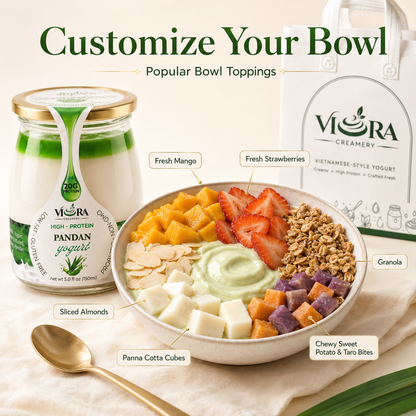 Viora Creamery Pandan yogurt beside a customizable fruit, granola, and yogurt bowl