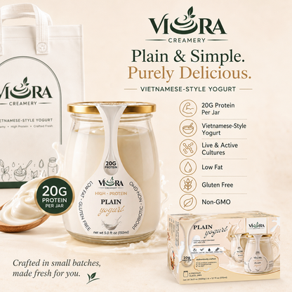 Viora Creamery Plain Vietnamese-style yogurt with glass jars, packaging, and product benefits