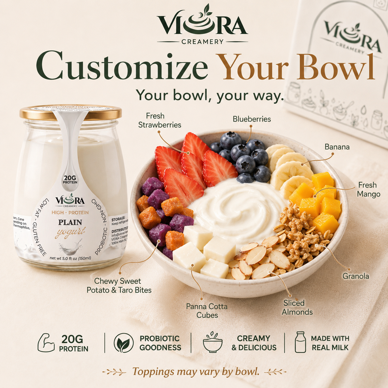Viora Creamery Plain yogurt beside a customizable fruit, granola, and yogurt bowl