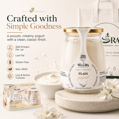 Viora Creamery Plain yogurt crafted with simple goodness, shown with glass jars and creamy yogurt