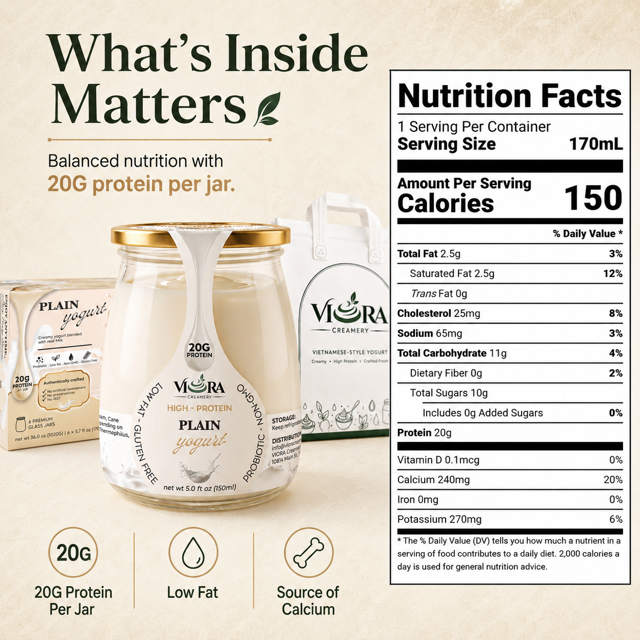 Viora Creamery Plain yogurt nutrition facts with glass jars, packaging, and product benefits