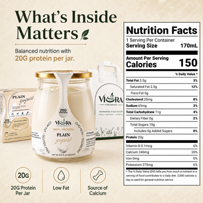 Viora Creamery Plain yogurt nutrition facts with glass jars, packaging, and product benefits