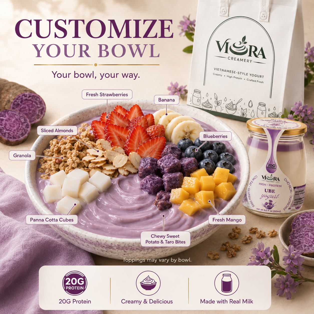 Viora Creamery Ube yogurt beside a customizable purple fruit, granola, and yogurt bowl