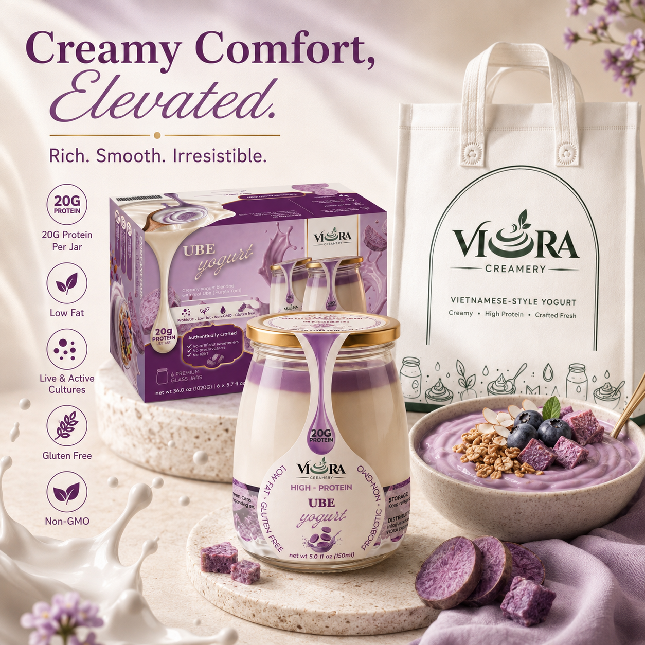 Viora Creamery Ube yogurt with glass jars, six-pack box, tote bag, and creamy purple bowl
