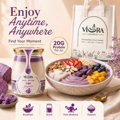 Viora Creamery Ube yogurt with a purple fruit bowl for breakfast, snack, post-workout, or dessert