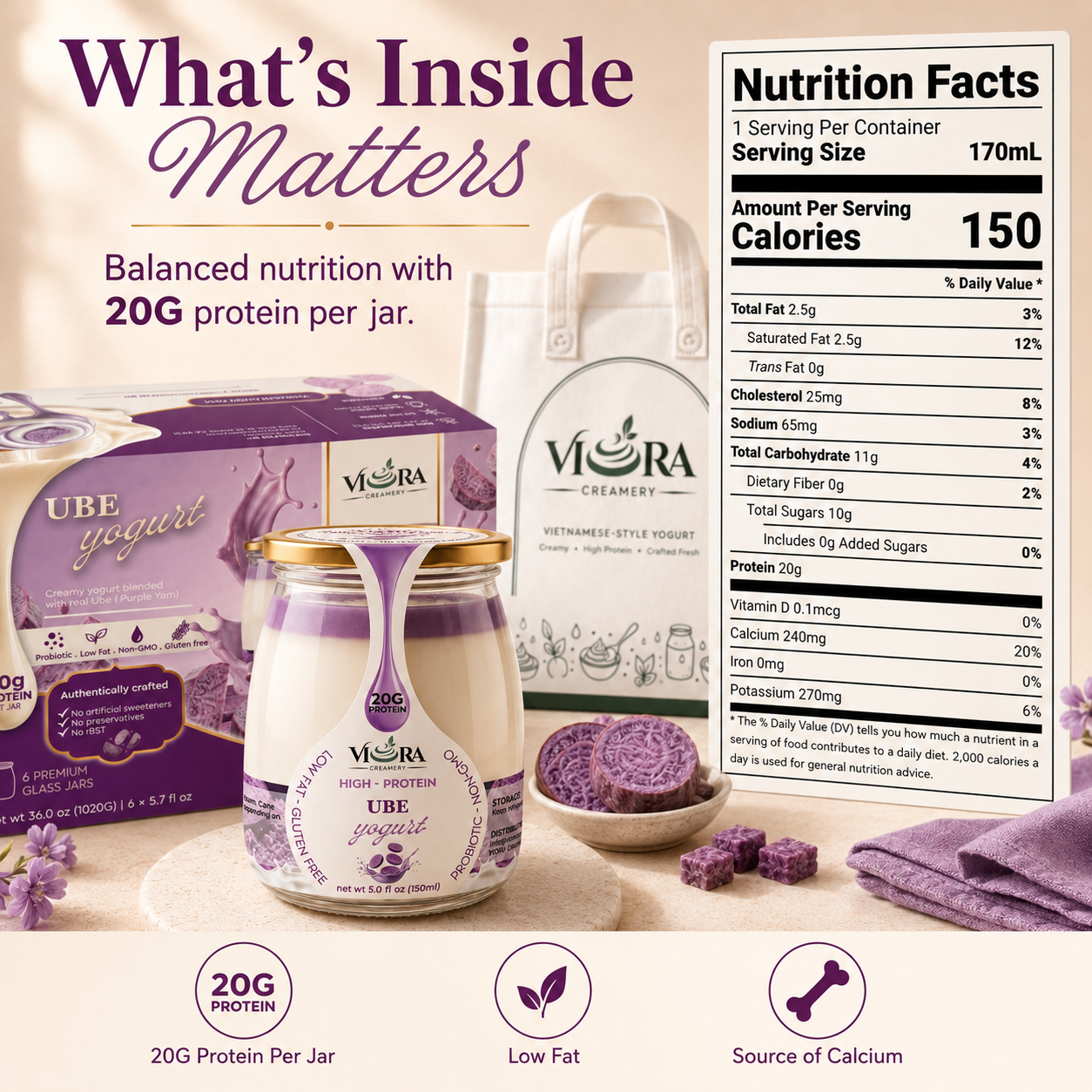 Viora Creamery Ube yogurt nutrition facts with jar, packaging, purple yam, and product benefits
