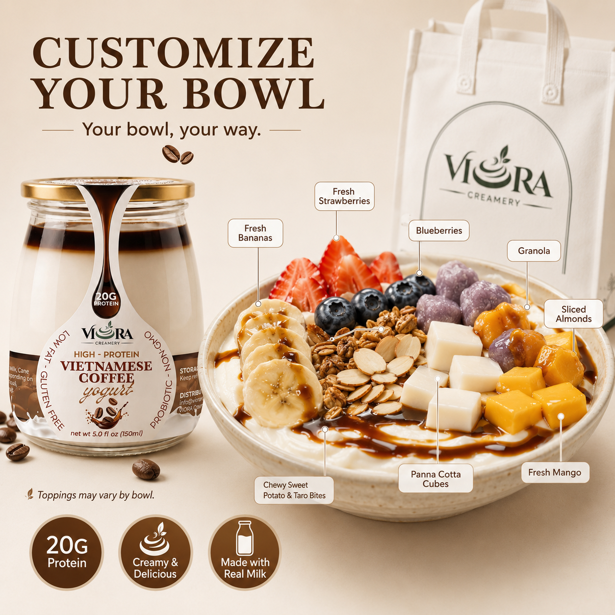 Viora Creamery Vietnamese Coffee yogurt beside a customizable fruit, granola, and yogurt bowl