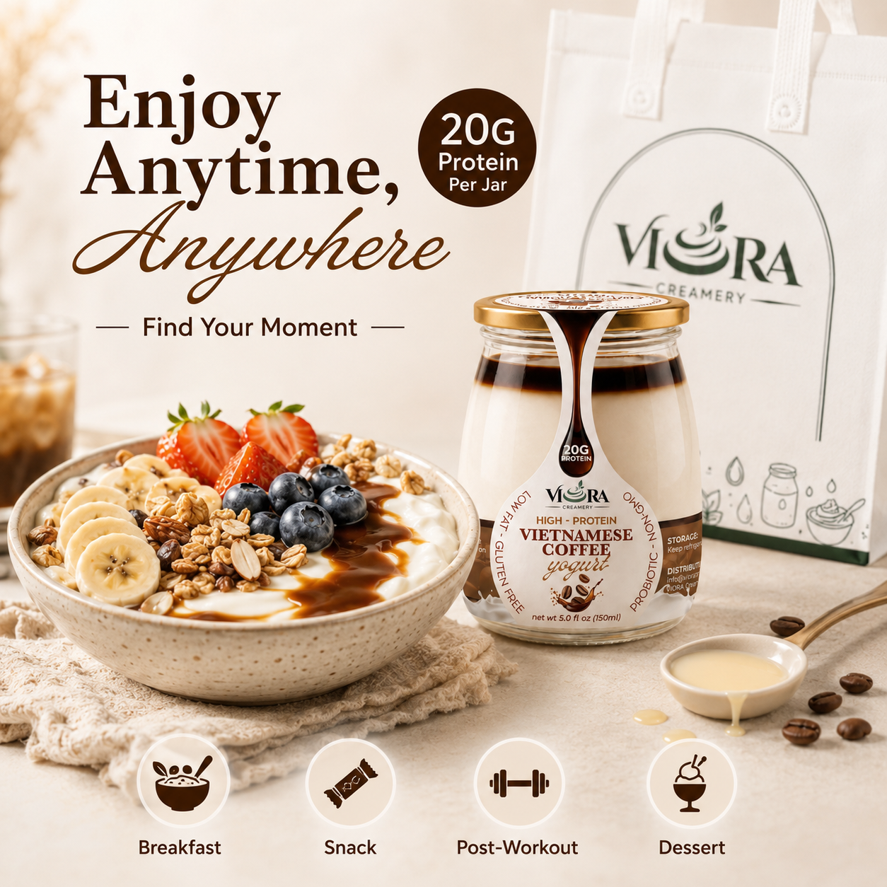 Viora Creamery Vietnamese Coffee yogurt with a breakfast bowl for breakfast, snack, post-workout, or dessert