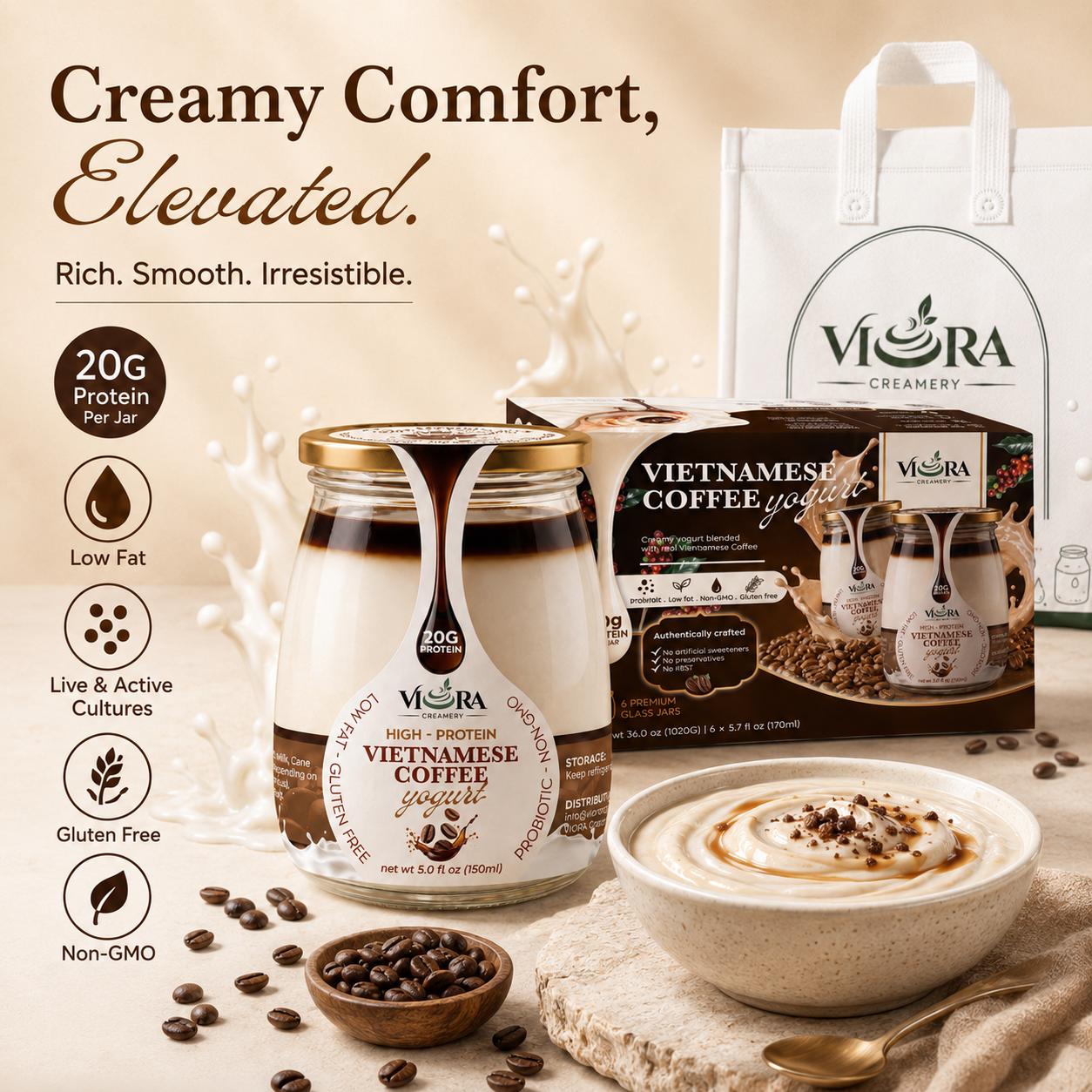 Viora Creamery Vietnamese Coffee yogurt with creamy coffee bowl, jars, and product packaging