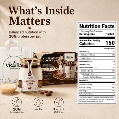 Viora Creamery Vietnamese Coffee yogurt nutrition facts with jar, packaging, and product benefits